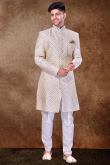 Stone Work Embroidered Art Silk Light Beige Men Sherwani