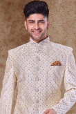 Stone Work Embroidered Art Silk Light Beige Men Sherwani