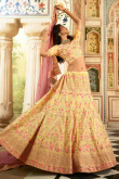 Stone Work Embroidered Art Silk Pale Yellow Lehenga
