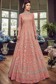 Stone Work Embroidered Net Coral Pink Anarkali Suit