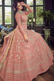 Stone Work Embroidered Net Coral Pink Anarkali Suit