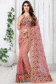Stone Work Embroidered Net Light Pink Saree