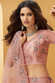Stone Work Embroidered Organza Peach Pink Lehenga