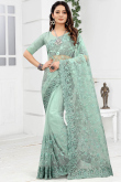 Stone Work Embroidered Net Mint Green Saree