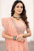 Stone Work Embroidered Net Peach Saree