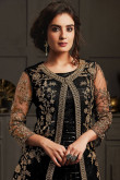 Stone Work Embroidered Net Pure Black Trouser Suit