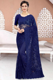 Stone Work Embroidered Net Royal Blue Saree