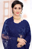 Stone Work Embroidered Net Royal Blue Saree