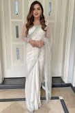 Stone Embroidered Party Wear Net White Saree
