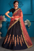 Stone Work Embroidered Satin Navy Blue Lehenga