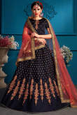 Stone Work Embroidered Satin Navy Blue Lehenga
