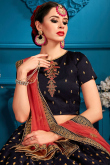 Stone Work Embroidered Satin Navy Blue Lehenga