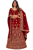 Stone Work Embroidered Velvet Deep Red Lehenga