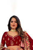 Stone Work Embroidered Velvet Deep Red Lehenga
