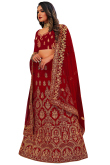 Stone Work Embroidered Velvet Deep Red Lehenga