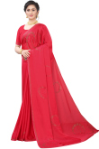 Stone Work Satin Party Wear Saree In Red Color