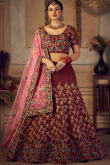 Taffeta Silk Dark Brick Red Embroidered Panelled Style Lehenga