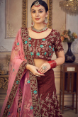 Taffeta Silk Dark Brick Red Embroidered Panelled Style Lehenga