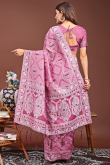 Taffy Pink Cotton Saree With Weaved Thread Work For Diwali
