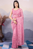 Taffy Pink Net Embroidered Light Weight Saree