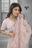 Tailored Festive Wear Embroidered Pale Pink Net Saree 