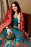 Teal Blue Art Silk Woven Zari Panelled Style Lehenga