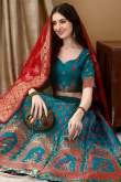 Teal Blue Art Silk Woven Zari Panelled Style Lehenga