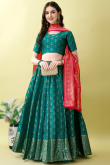 Teal Blue Art Silk Woven Zari Panelled Style Lehenga