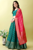 Teal Blue Art Silk Woven Zari Panelled Style Lehenga