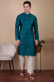 Teal Blue Dupion Silk Embroidered Straight Cut Men's Kurta Pajama