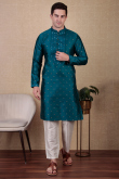 Teal Blue Dupion Silk Embroidered Straight Cut Men's Kurta Pajama