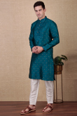 Teal Blue Dupion Silk Embroidered Straight Cut Men's Kurta Pajama