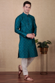 Teal Blue Dupion Silk Embroidered Straight Cut Men's Kurta Pajama