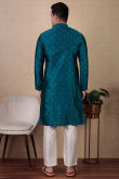 Teal Blue Dupion Silk Embroidered Straight Cut Men's Kurta Pajama