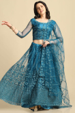 Teal Blue Embroidered Net Panelled Style Lehenga 