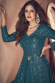 Teal Blue Long Choli Georgette Lehenga for Wedding 