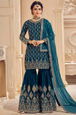Teal Blue Georgette Embroidered Sharara Suit