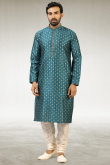 Teal Blue Jacquard Men Kurta With Churidar