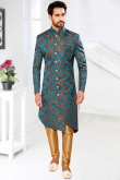 Teal Blue Jacquard Men's Sherwani