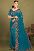 Teal Blue Net Thread Embroidered Light Weight Saree