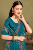 Teal Blue Net Thread Embroidered Light Weight Saree