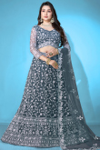 Teal Blue Net Embroidered Panelled Style Lehenga 