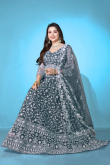 Teal Blue Net Embroidered Panelled Style Lehenga 