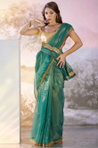 Teal Blue Net Embroidered Shimmer Saree