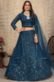 Teal Blue Net Lehenga With Sequins Work For Weddings