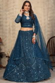 Teal Blue Net Lehenga With Sequins Work For Weddings