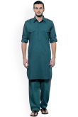 Teal Blue Poly Cotton Plain Pathani Men Kurta Salwar