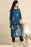 Teal Blue Poly Crepe Printed Kurti