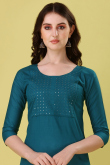 Rayon Kurti with Thread Embroidery in Teal Blue for Party 