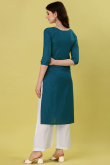 Rayon Kurti with Thread Embroidery in Teal Blue for Party 